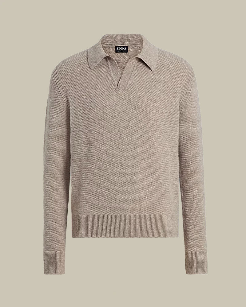 Light Taupe Melange Oasi Cashmere Honeycomb Weave Skipper Knit Polo