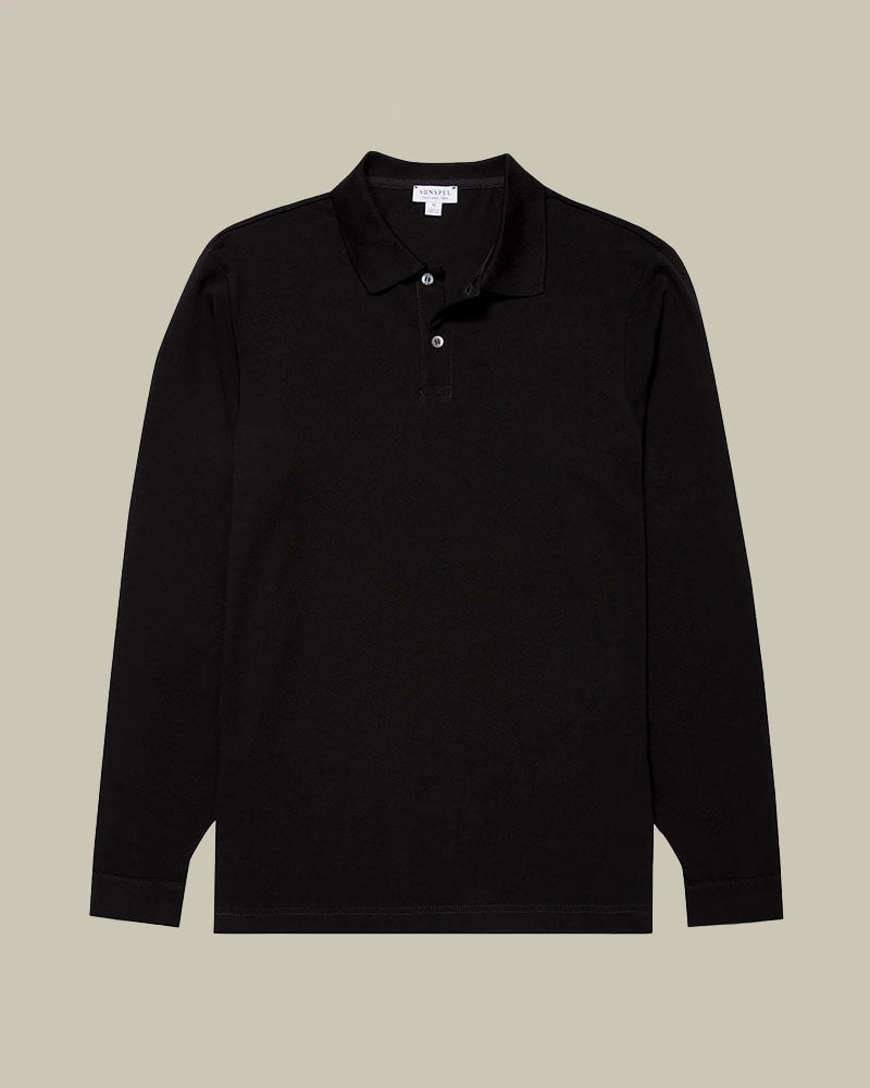 Black Long Sleeve Pique Polo