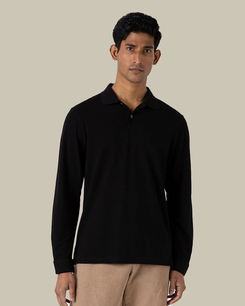 Black Long Sleeve Pique Polo