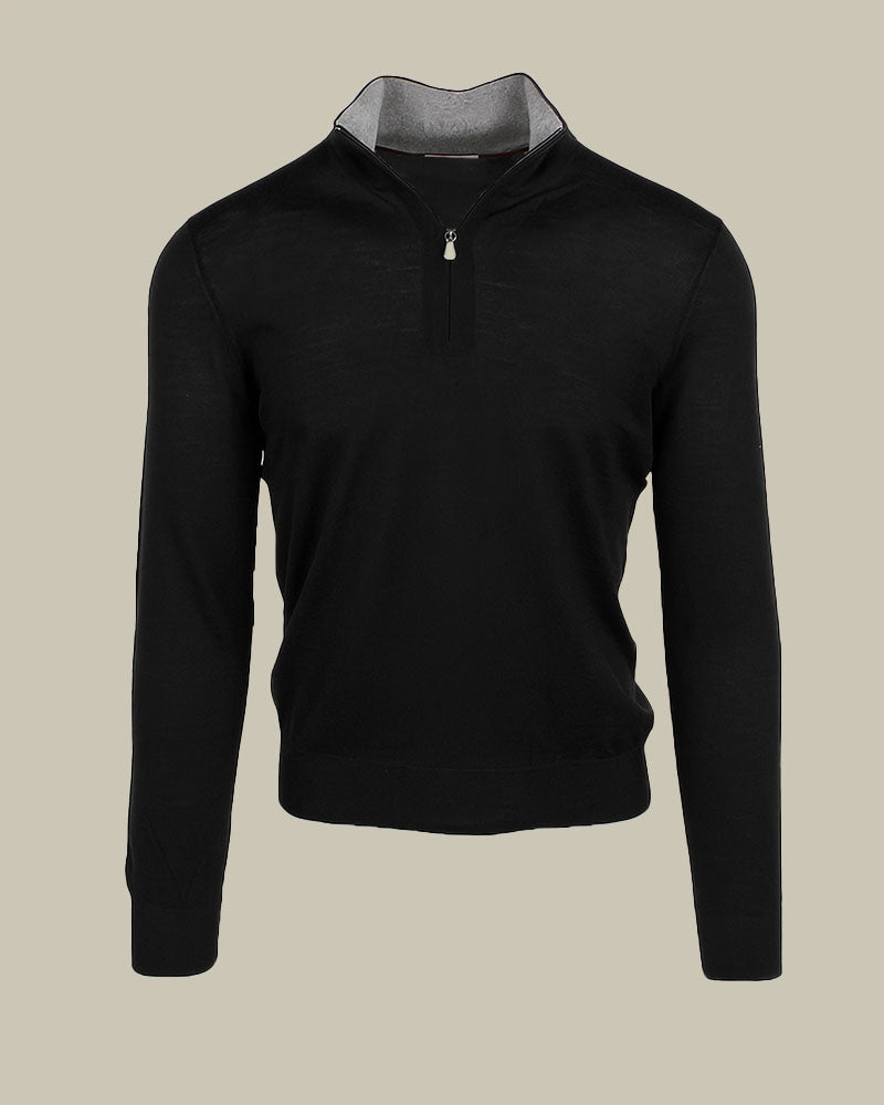 Black Super Tasmania Merino Wool Half Zip