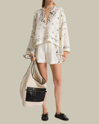 Printed Linen V Neck Blouse