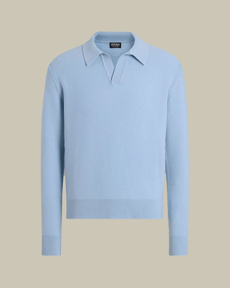 Light Blue Melange Oasi Cashmere Honeycomb Weave Skipper Knit Polo