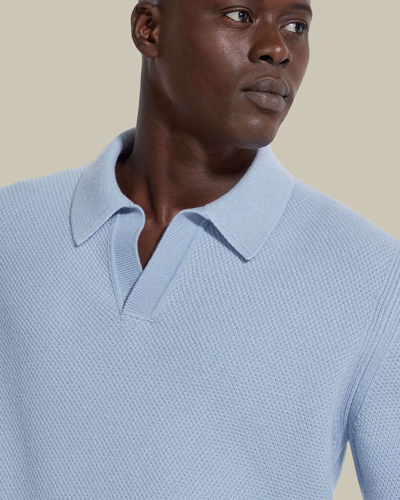 Light Blue Melange Oasi Cashmere Honeycomb Weave Skipper Knit Polo