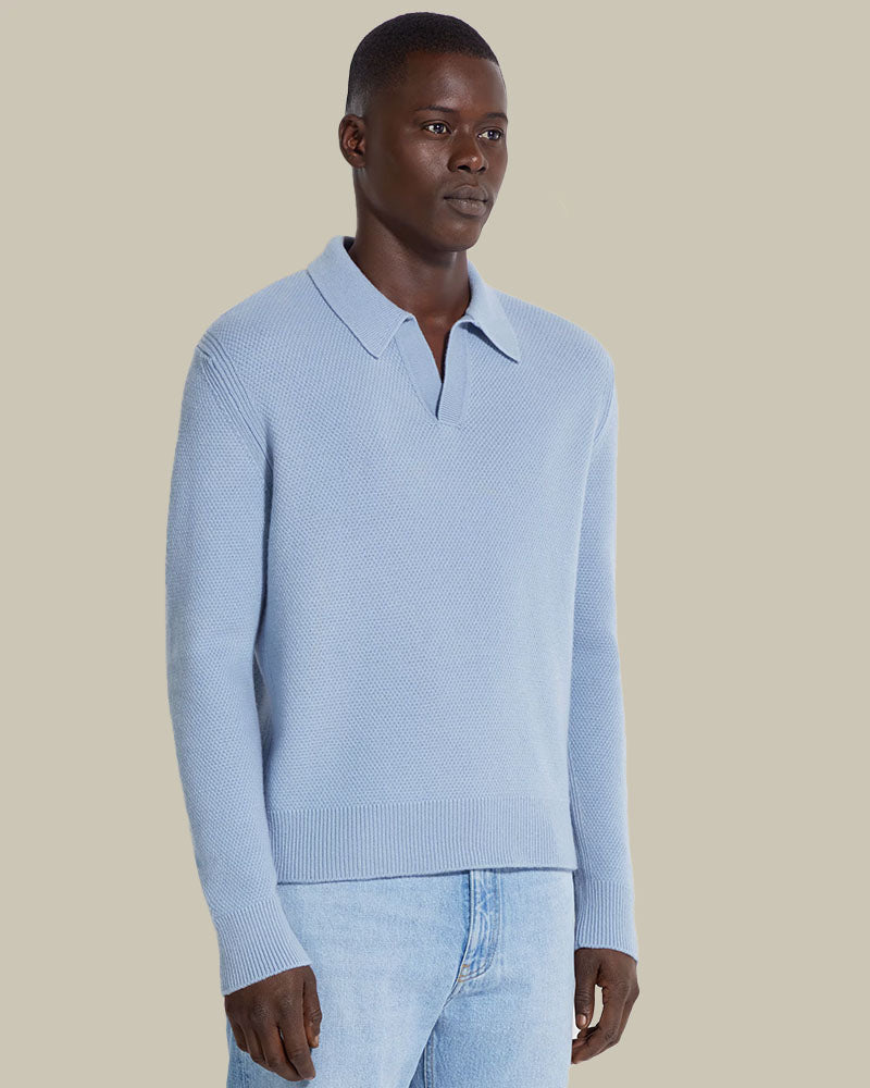 Light Blue Melange Oasi Cashmere Honeycomb Weave Skipper Knit Polo