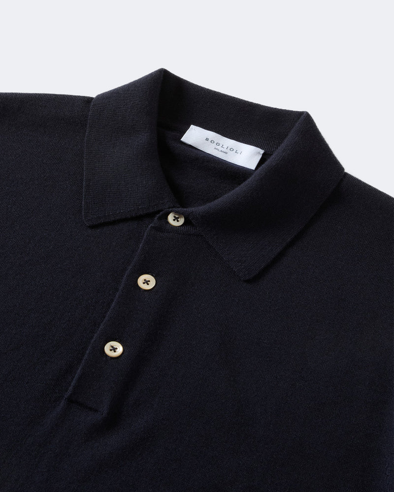 Navy Pure Wool Short Sleeve Knitted Polo