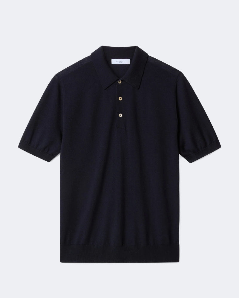 Navy Pure Wool Short Sleeve Knitted Polo