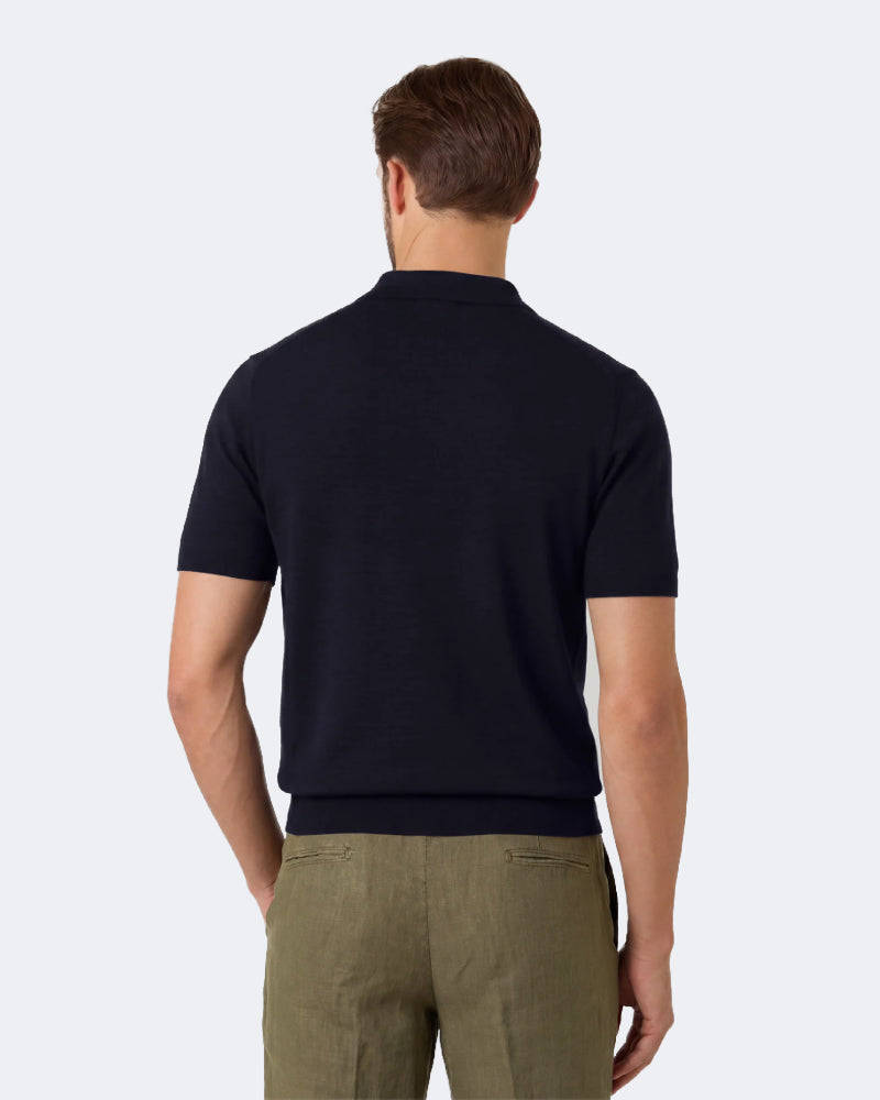 Navy Pure Wool Short Sleeve Knitted Polo