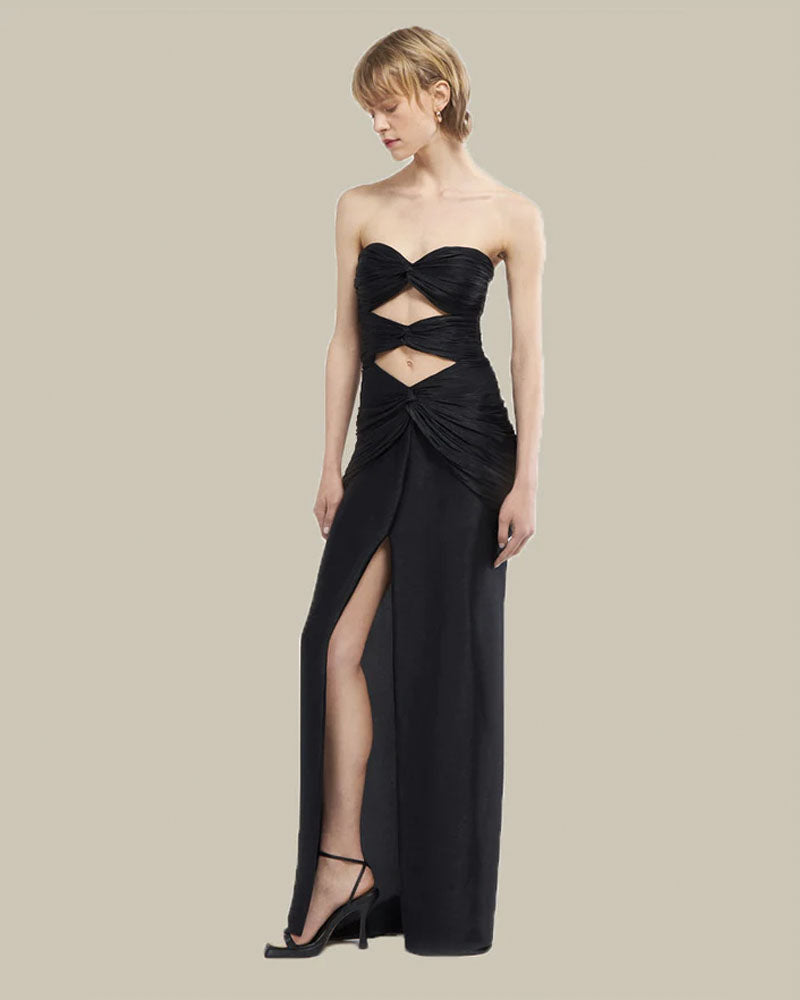 Brigitta Iridescent Lurex Georgette Knotted Strapless Gown With Cut Outs