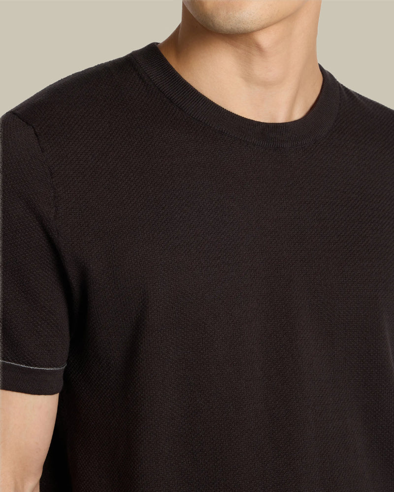 Brown Sea Island Cotton Birdseye Weave Knitted Crew Neck