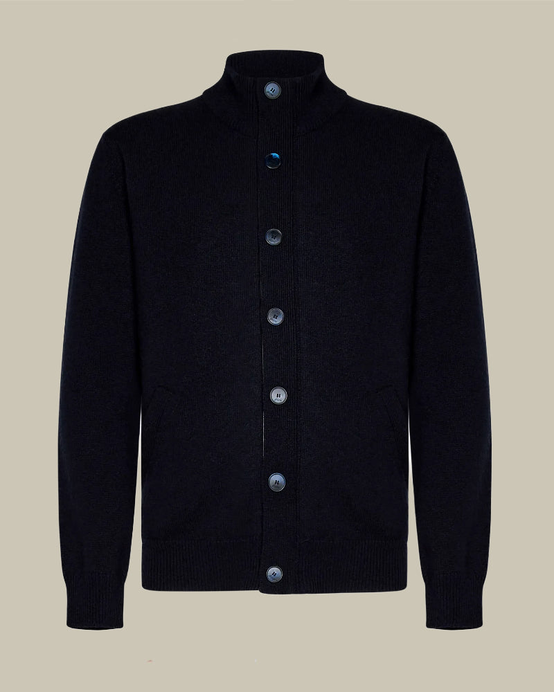 Navy Cashmere Cardigan With Suede Detailing