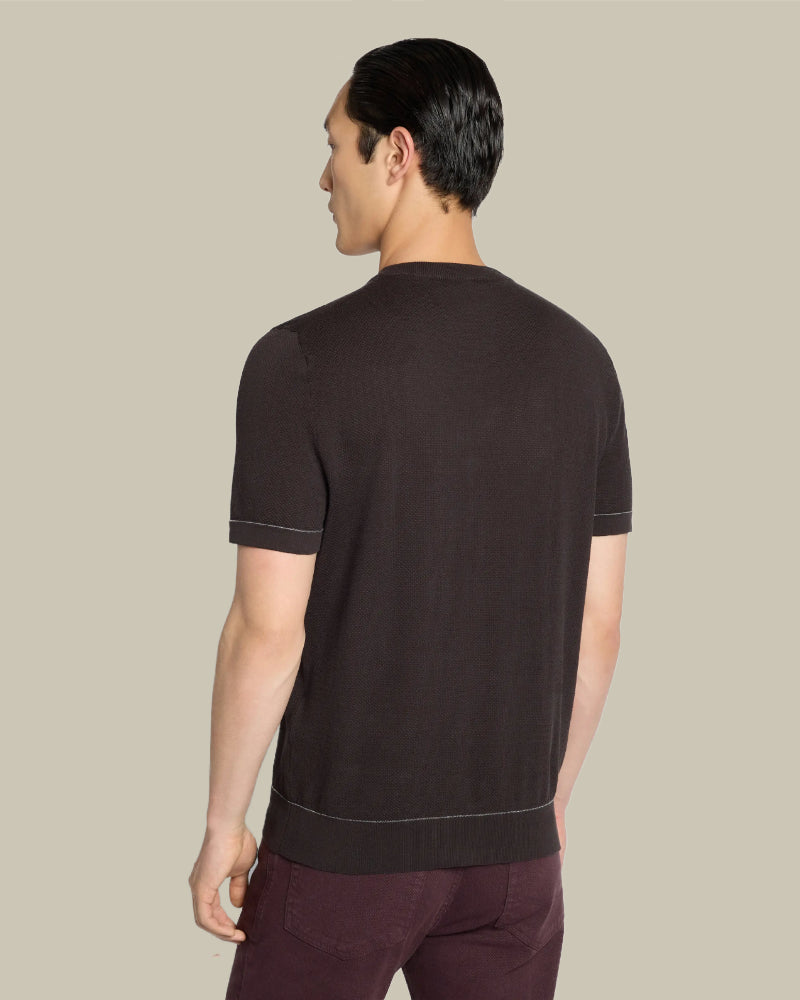 Brown Sea Island Cotton Birdseye Weave Knitted Crew Neck