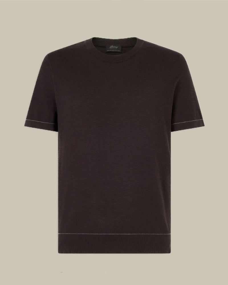 Brown Sea Island Cotton Birdseye Weave Knitted Crew Neck