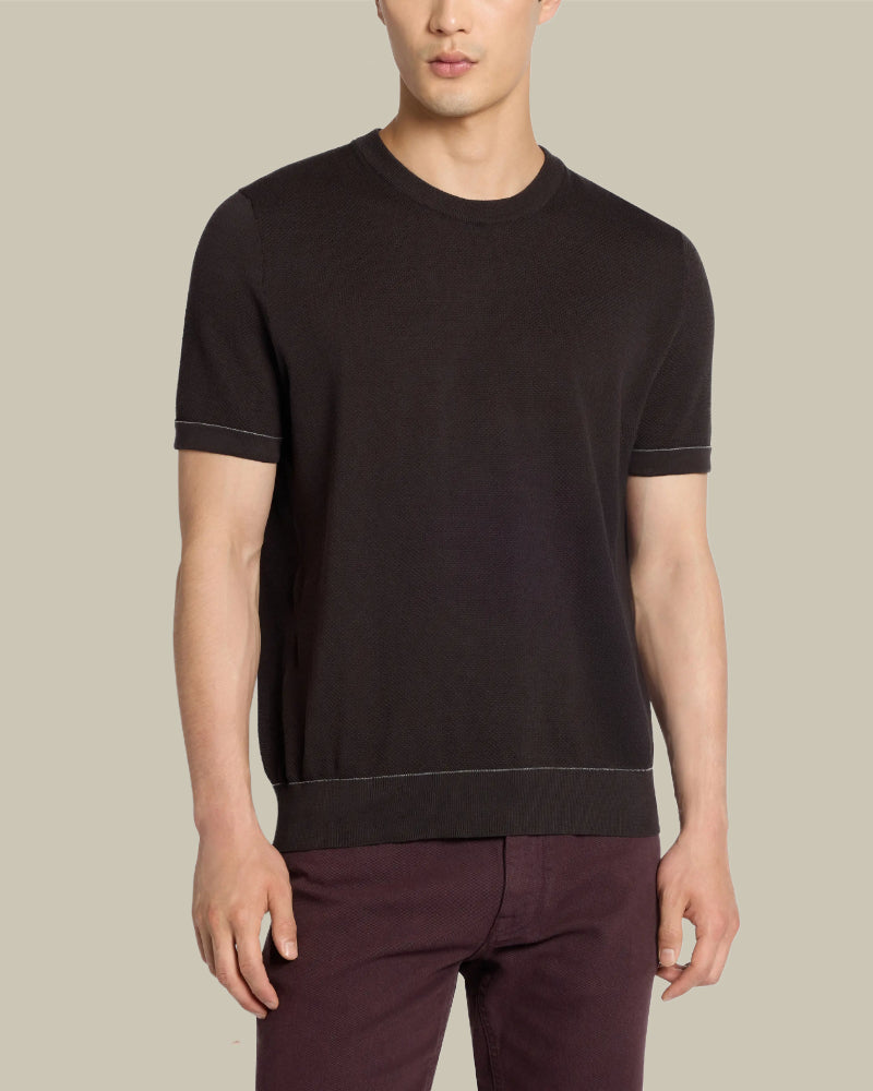 Brown Sea Island Cotton Birdseye Weave Knitted Crew Neck
