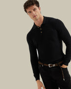 Black Cotton Honeycomb Long Sleeve Knit Polo