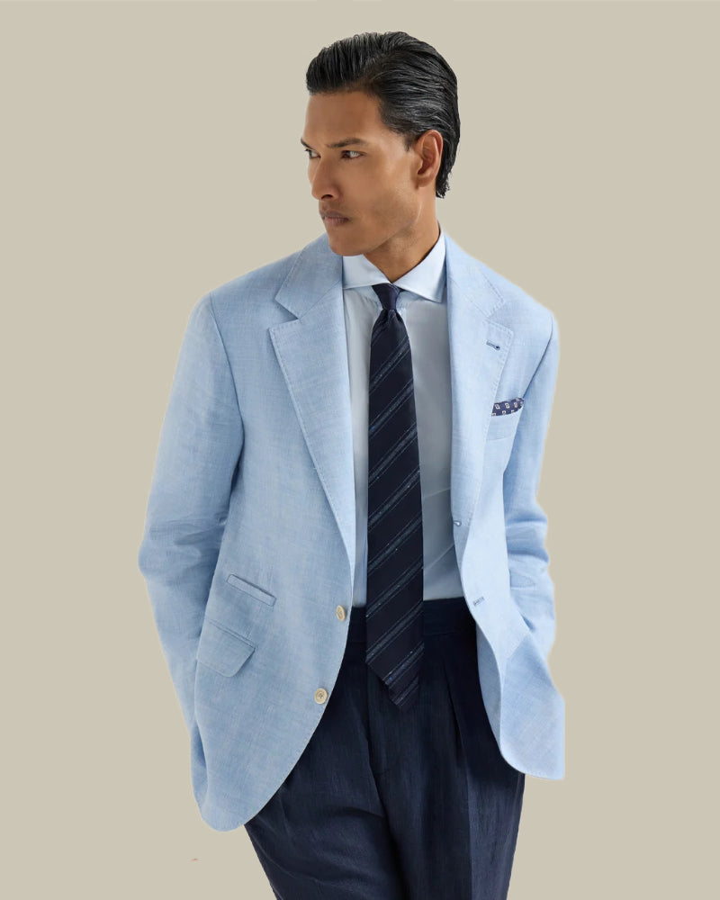 Light Blue Linen & Virgin Wool Single Breasted Blazer