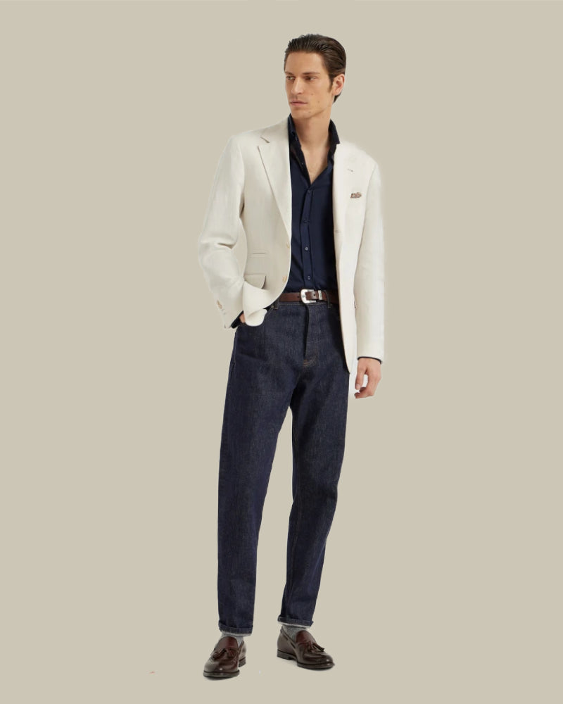 Navy Silk & Cotton Lightweight Jersey Shirt With Spread Collar