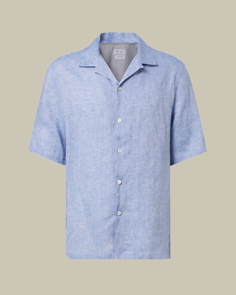 Blue Linen Easy Fit Camp Collar Shirt
