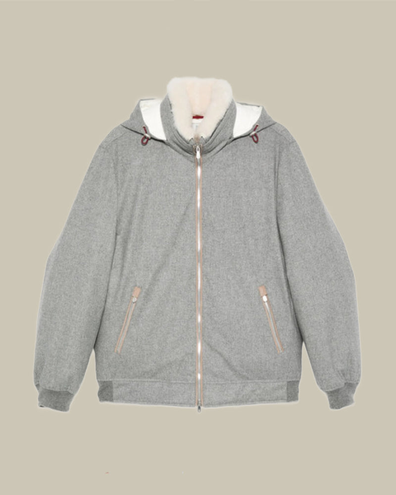 Grey Cashmere Flannel Down Jacket With Fur Collar