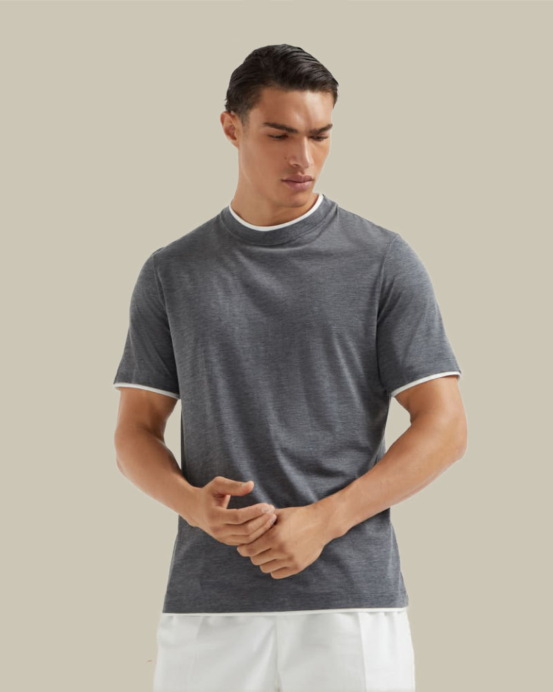 Dark Grey Cotton & Silk Jersey Tipping Crew Neck T-Shirt