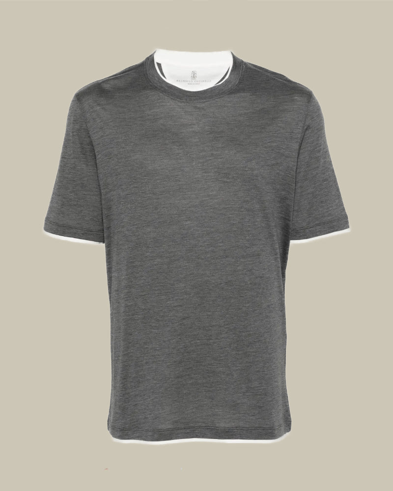 Dark Grey Cotton & Silk Jersey Tipping Crew Neck T-Shirt