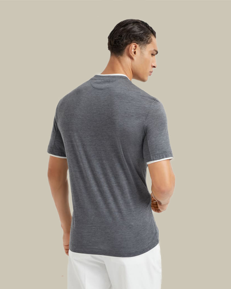 Dark Grey Cotton & Silk Jersey Tipping Crew Neck T-Shirt