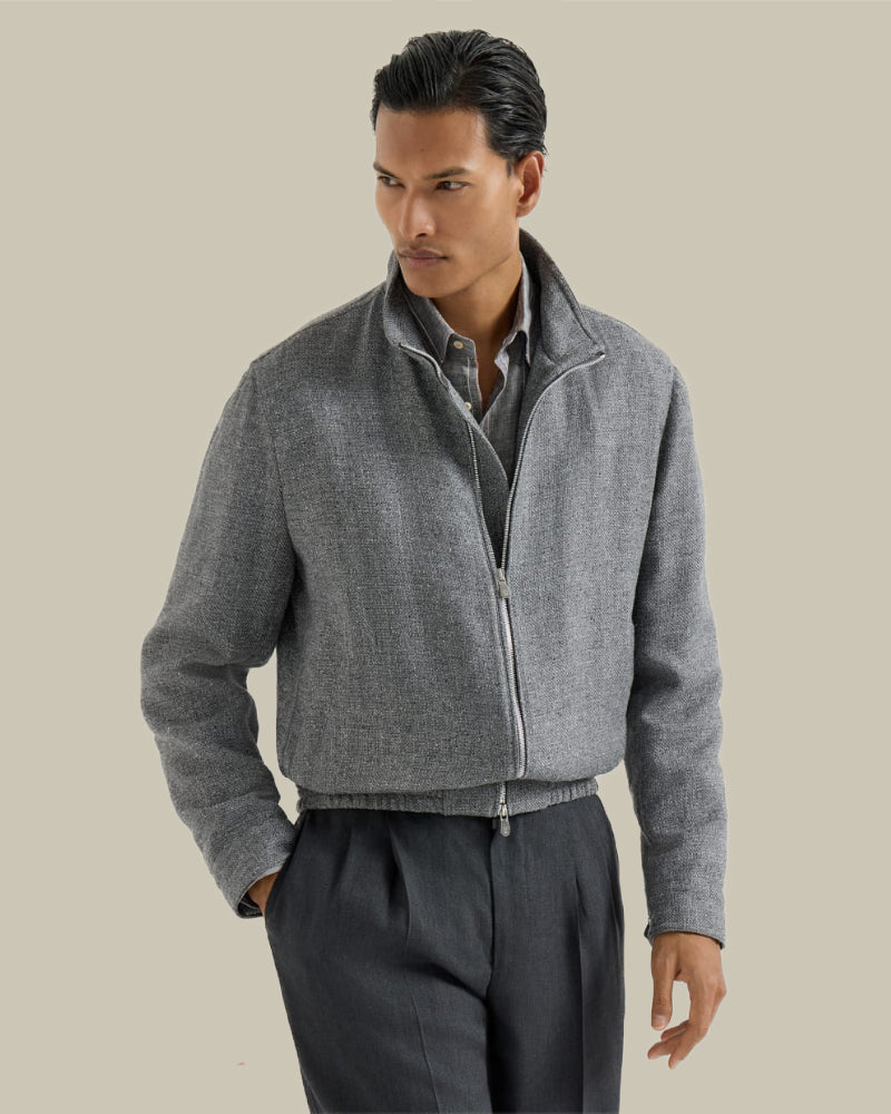 Grey Silk, Linen & Wool Hopsack Blouson