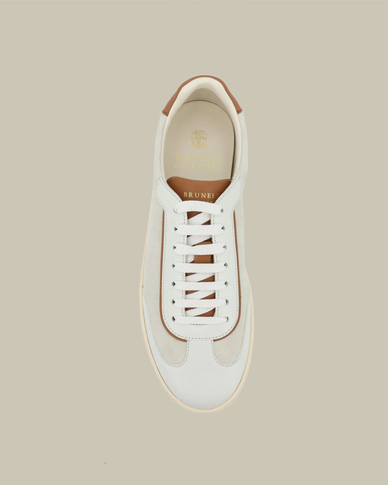Ivory & Brown Suede Polished Calfskin Sneakers