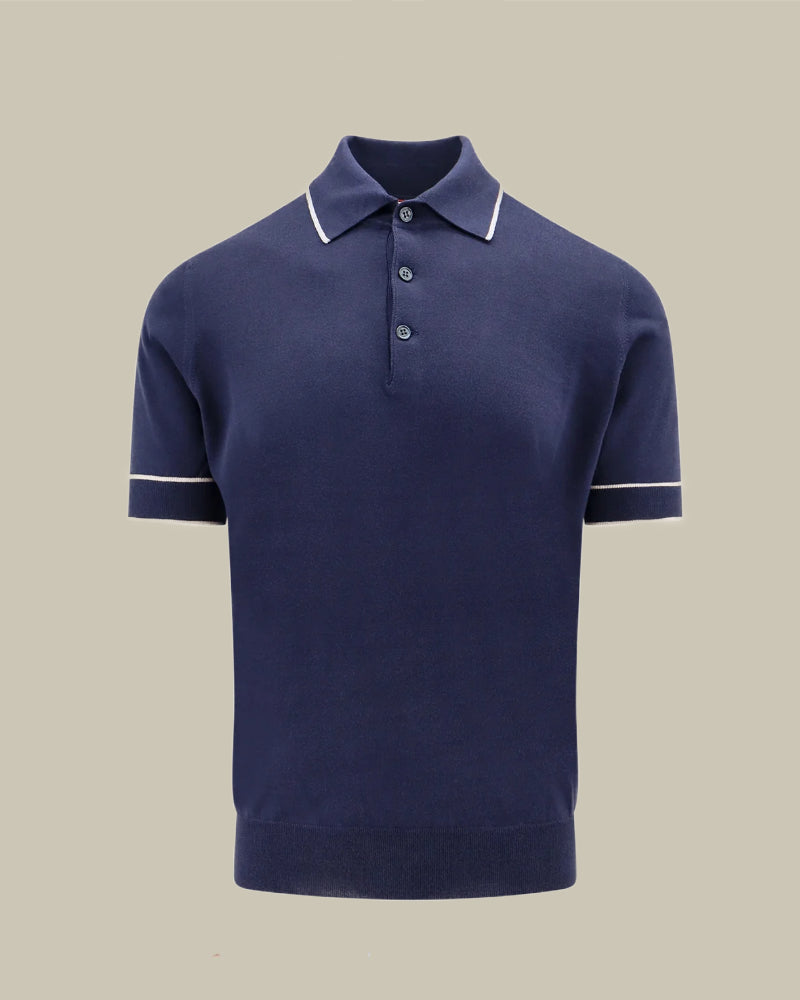 Navy Cotton Knit Polo With Tipping