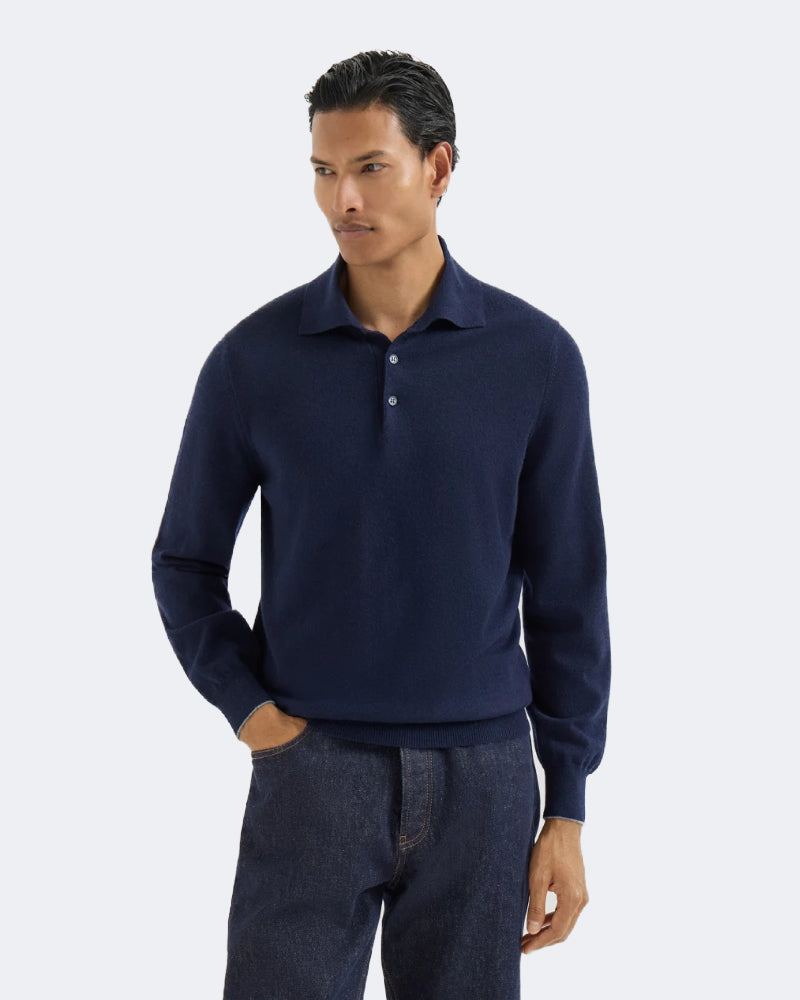 Navy Blue Cashmere Knit Polo Shirt