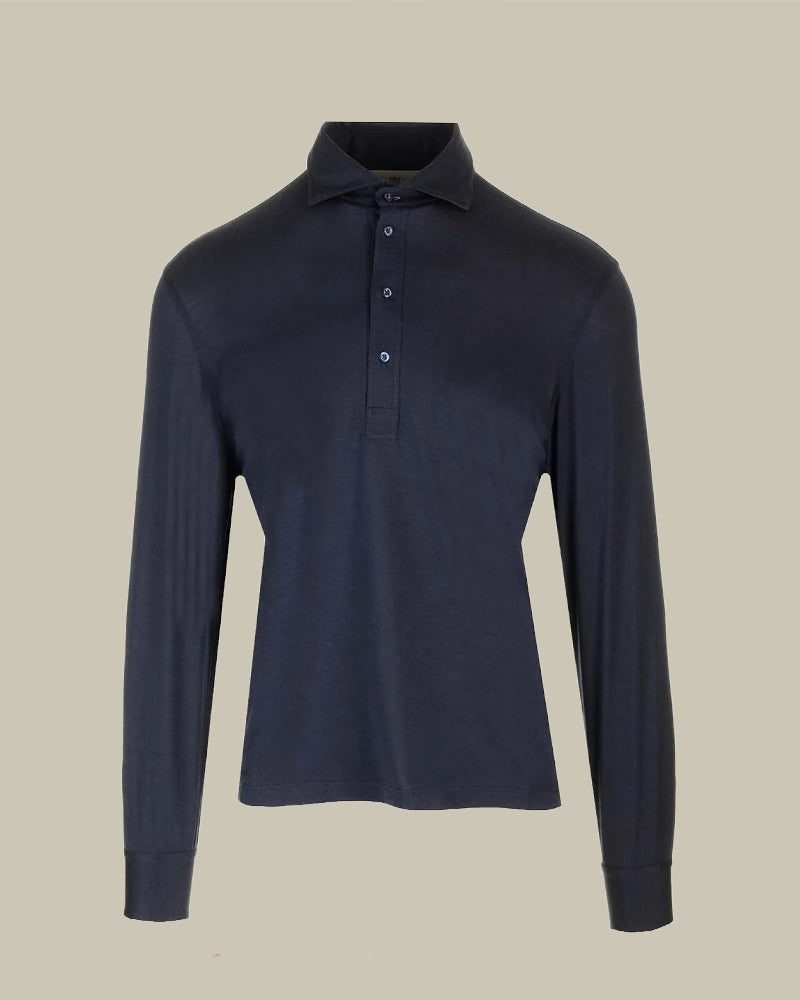 Navy Blue Silk & Cotton Lightweight Jersey Long Sleeve Polo