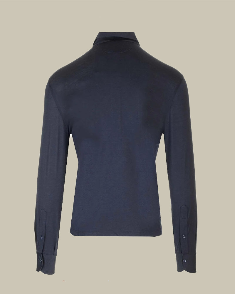Navy Blue Silk & Cotton Lightweight Jersey Long Sleeve Polo