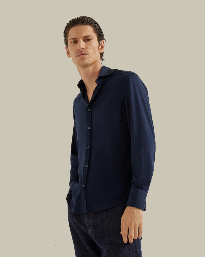 Navy Silk & Cotton Lightweight Jersey Shirt With Spread Collar