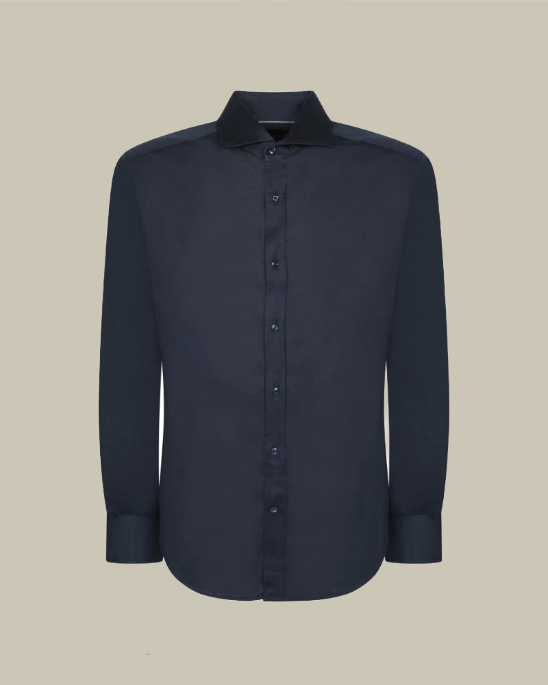 Navy Silk & Cotton Lightweight Jersey Shirt With Spread Collar