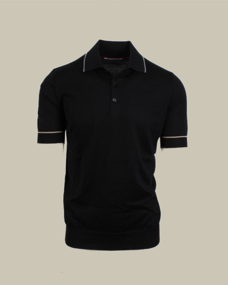 Black Cotton Knit Polo With Tipping