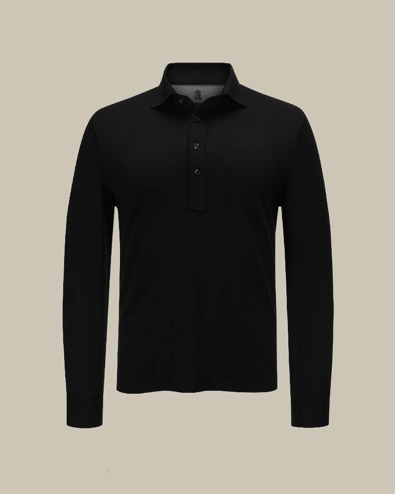 Black Silk & Cotton Lightweight Jersey Long Sleeve Polo