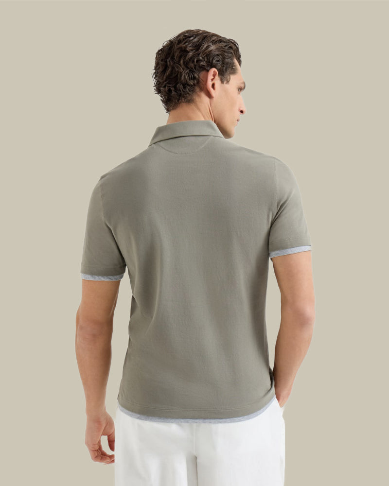 Khaki Cotton Piqué Shirt Style Collar Polo With Faux Layering