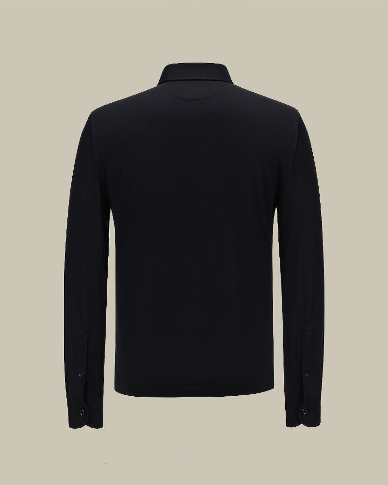 Black Silk & Cotton Lightweight Jersey Long Sleeve Polo