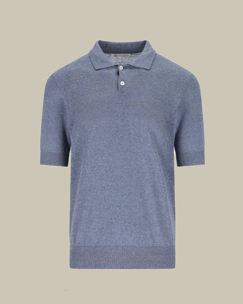 Melange Blue Linen & Silk Blend Knit Polo