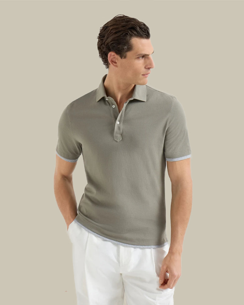 Khaki Cotton Piqué Shirt Style Collar Polo With Faux Layering