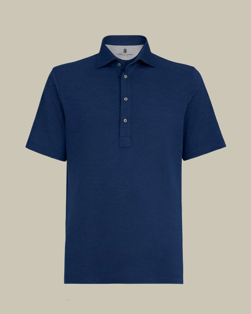 Marine Blue Virgin Wool, Silk & Cotton Piqué Polo Shirt