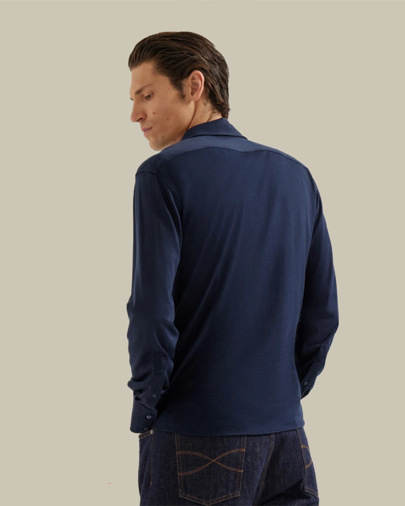 Navy Silk & Cotton Lightweight Jersey Shirt With Spread Collar