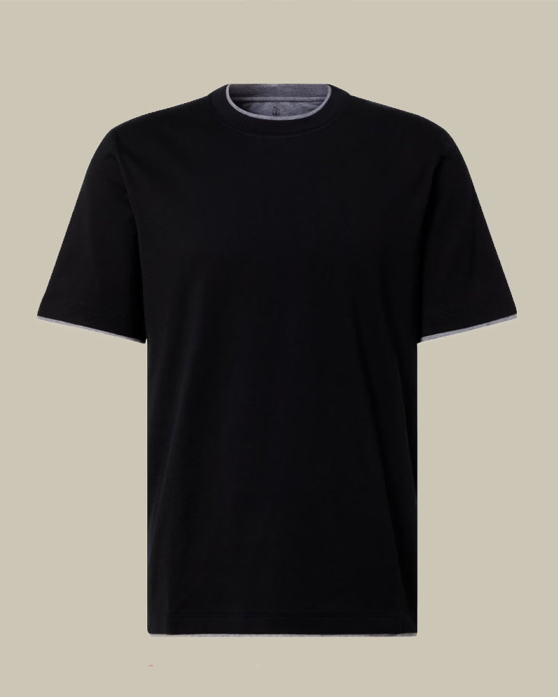 Black Cotton & Silk Jersey Tipping Crew Neck T-Shirt