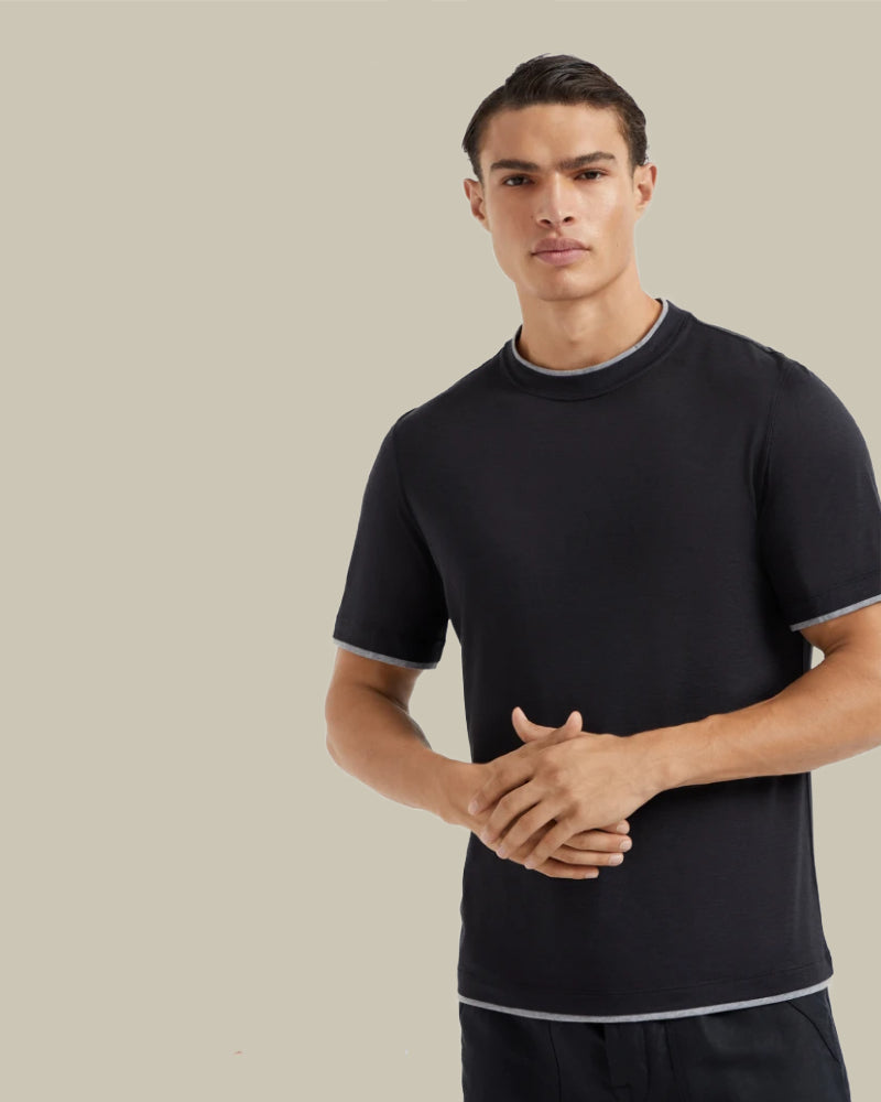 Black Cotton & Silk Jersey Tipping Crew Neck T-Shirt