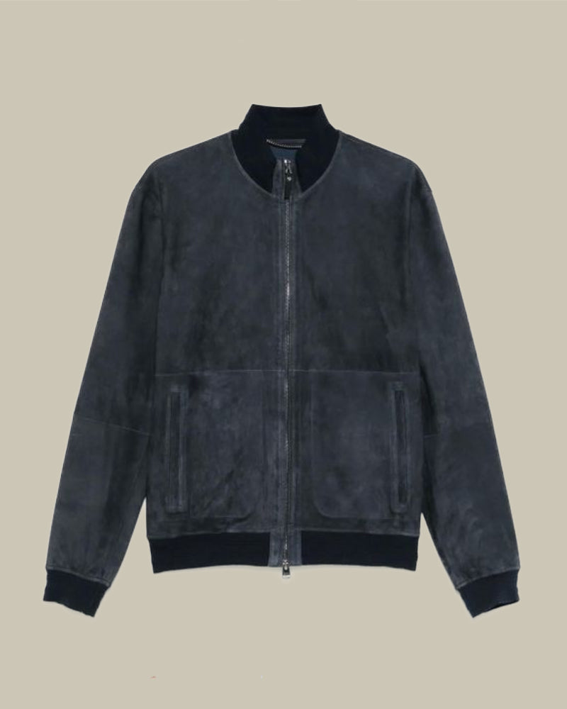 Navy Suede Funnel Neck Blouson