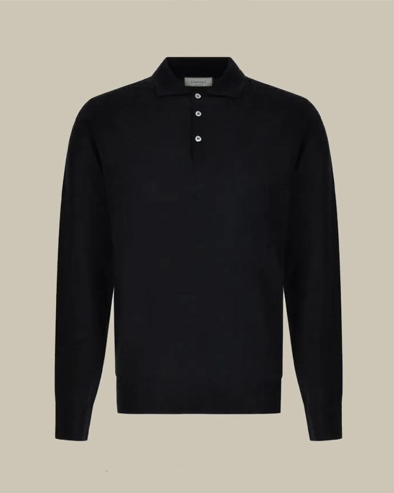 Black Merino Wool Knitted Polo