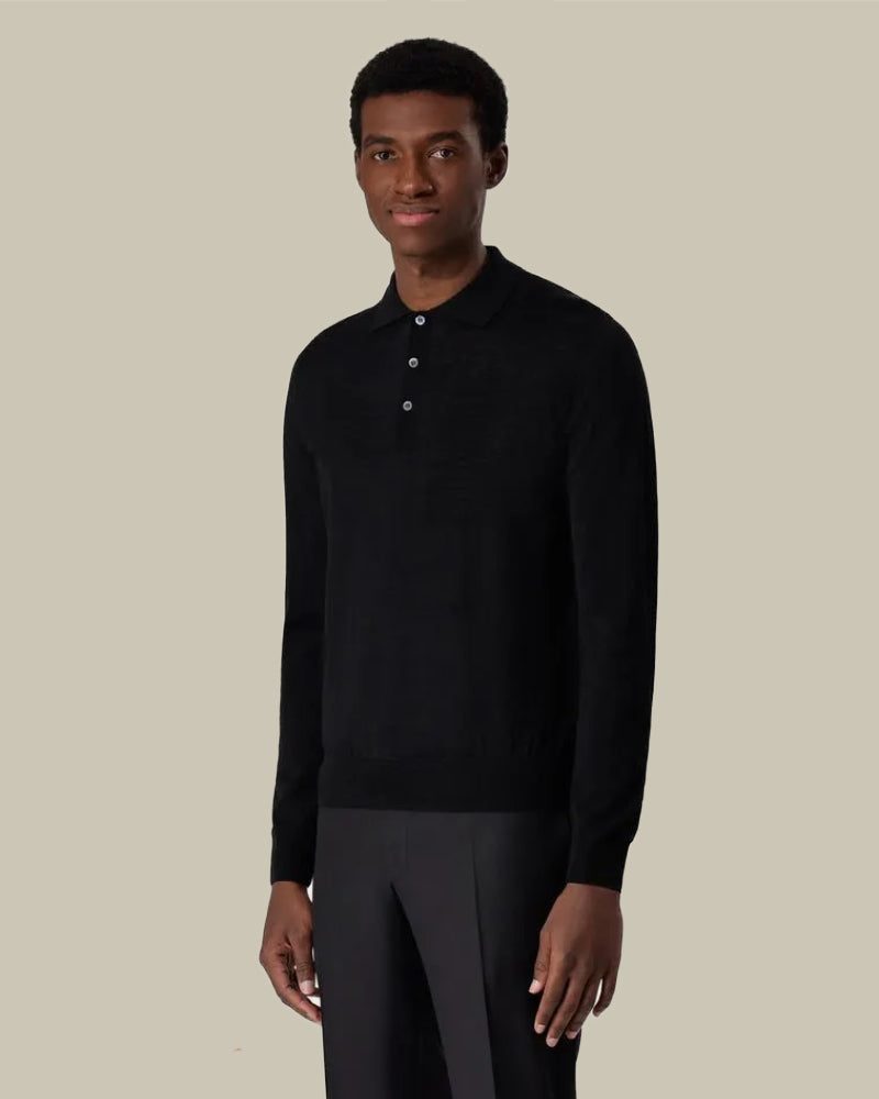 Black Merino Wool Knitted Polo