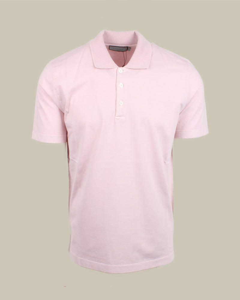 Pink Washed Jersey Cotton Polo With Rib Knit Collar