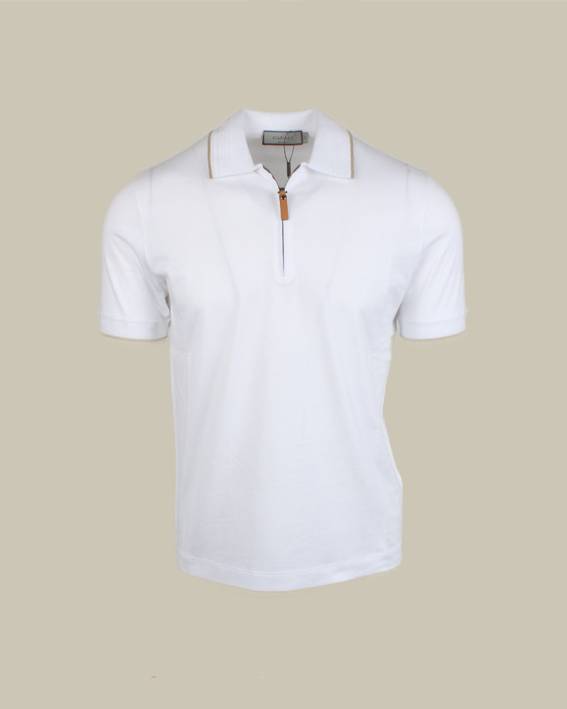 White Cotton Lyocell Zip Polo