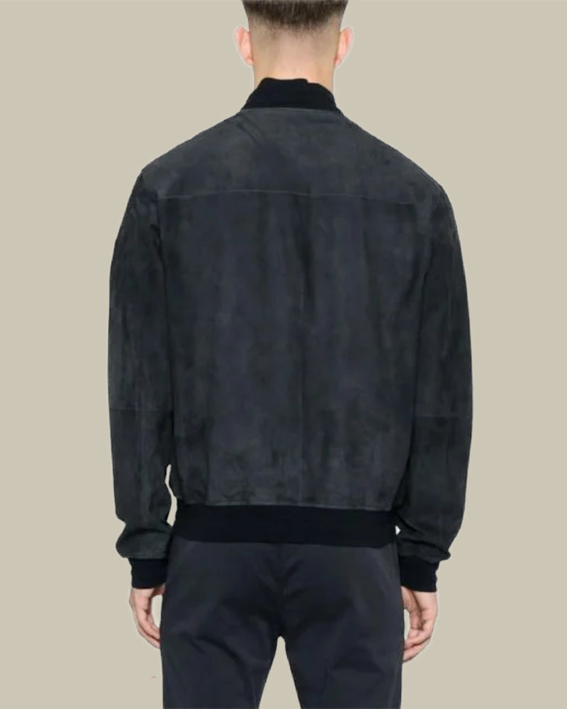 Navy Suede Funnel Neck Blouson