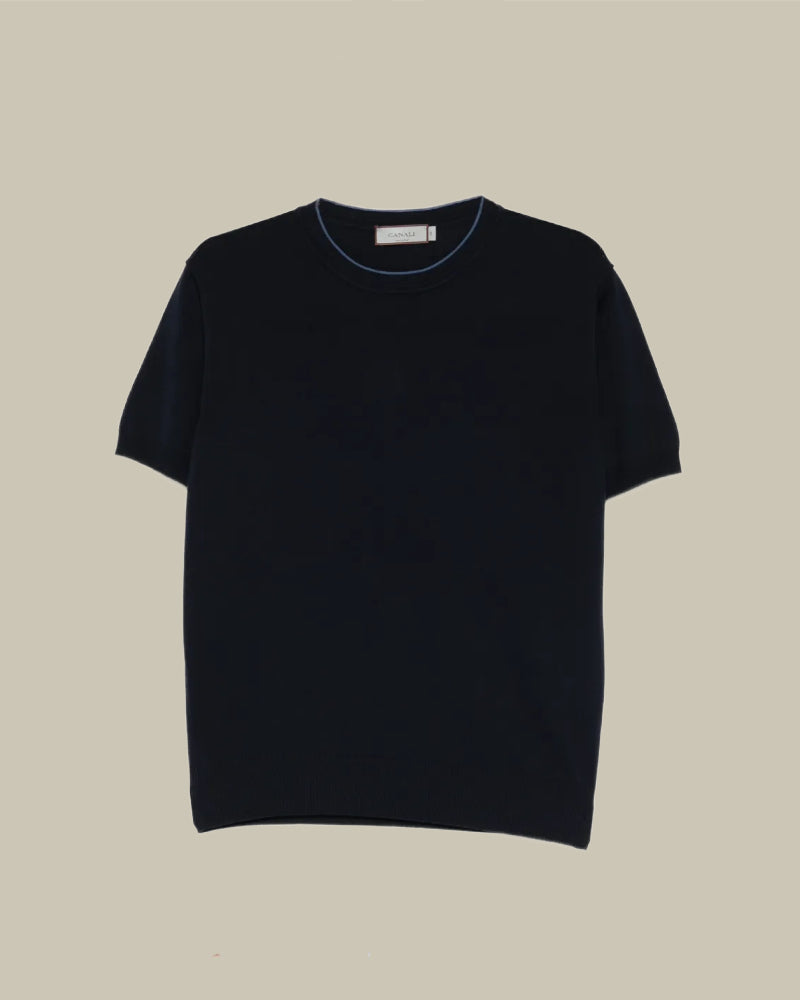 Navy Tipping Collar Cotton & Lyocell T Shirt